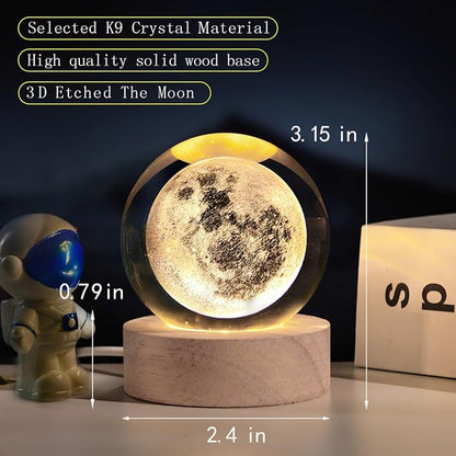 3D Moon Crystal Ball with LED Stand, Moon Figurine Decor Glass Sphere Lamp, Space Planet Globe Night Light Gifts for Women Men Mom Kids