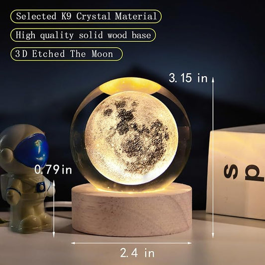 3D Moon Crystal Ball with LED Stand, Moon Figurine Decor Glass Sphere Lamp, Space Planet Globe Night Light Gifts for Women Men Mom Kids