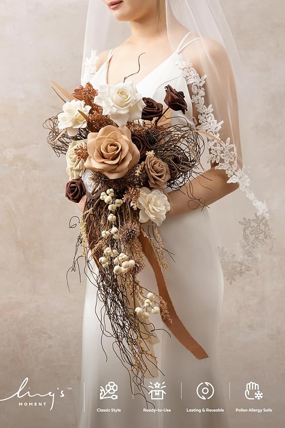 Ling's moment Beige Bridal Bouquet Cascading, Brown Wedding Bouquets for Bride, 13 Inch Bride Bouquets for Wedding Artificial Flowers Bouquets