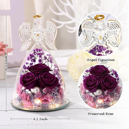 ANWEAO Christmas Angel Rose Gifts for Her, Glass Angel Figurine with Three Roses Gifts,Preserved Forever Real Rose Gifts for Women, Angel Guardian with Rose Flower Gifts, Birthday Gifts for Women