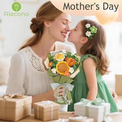 Alecono Crochet Flower Bouquet, Knitted Sunflower Flowers, Green Handmade Bouquet of Flowers for Lover Anniversary Birthday Party Mother's Day Graduation Gifts (Include Card)