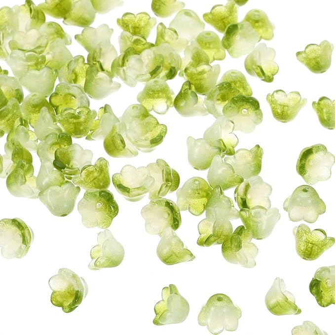 PATIKIL Glass Trumpet Flower Beads, 200 Pcs Gradient Flower Bead Charm for Jewelry Making DIY Craft, Bracelets, Earrings, Necklaces Decorations, Olive Green