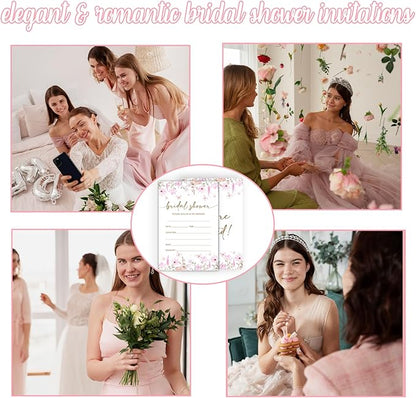 Pink Floral Bridal Shower Invitations, Spring Butterflies Invites with Envelopes, 4x6 Invite Card for Wedding Shower, Newlyweds, Party Favor & Decorations-A02