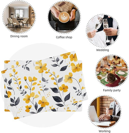 Farmhouse Yellow Flowers Placemats Set of 6, Rustic Floral Place Mats, Country Dining Table Mats, Washable Spring Placemats for Kitchen Dining Room Home Decor 18L'' × 12W''