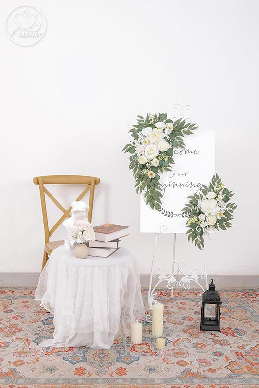 Pack of 2 Wedding Arch Decorations Artificial Hanging Flowers Floral Swag for Wedding Welcome Sign Backdrop Balloon Arch Home Party Bridal Ceremony Reusable(New White)