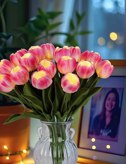 LED Lighted Artificial Tulip Lamp, Real Touch Tulip Flowers, 15 Inch Faux Tulip Bouquet with Battery Operated Lights for Gifts, Home Kitchedn Wedding Decor(Hot Pink)