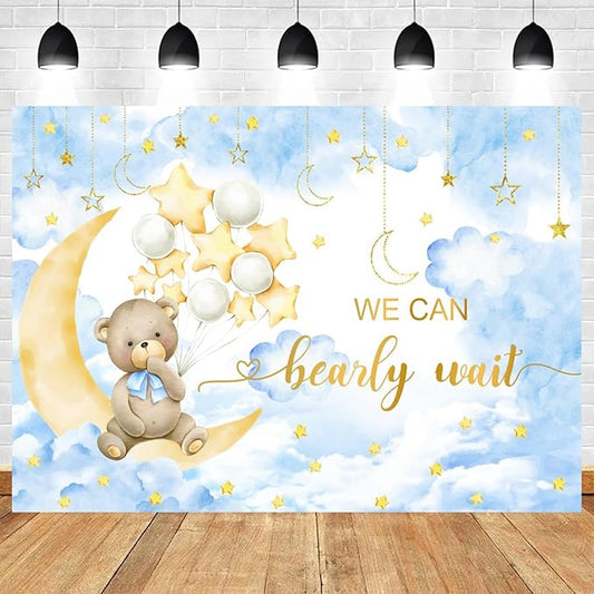 15x8ft Baby Shower Backdrop We Can Bearly Wait Photography Background Bear White Balloons Blue Clouds Moon Stars Cartoon Banner Decorations Birthday Party Newborn Portrait Photo Booth Prop