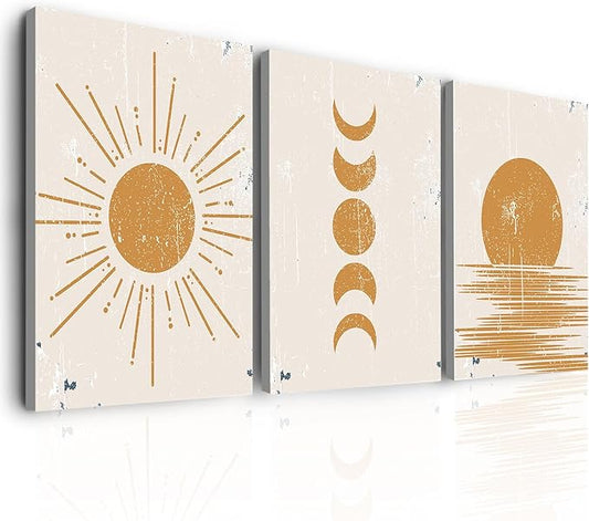 Boho Wall Art Abstract Sunshine Prints Pictures Minimalist Moon Phase Wall Decor Geometric Mid Century Sunset Canvas Paintings Artwork for Bathroom Office Living Room Bedroom Home Decoration 12x16"