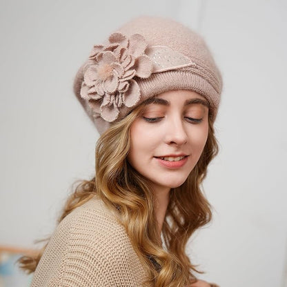 Flower Women Beret, Double Layer Thickened Winter Knitted Beanie Beret Hat, Stylish French Dress Beret Hats for Women
