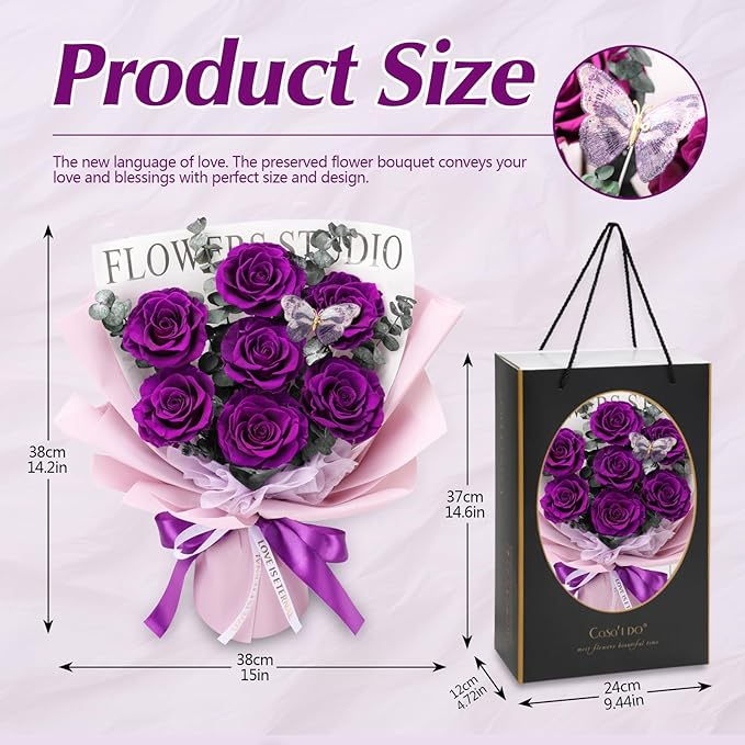Casaido Preserved Flowers for Delivery, 7 Purple Roses Bouquet, Birthday Gifts for Women, Christmas Rose Gifts for Mom Wife Girlfriend, Forever Real Flowers for Valentines Day Anniversary