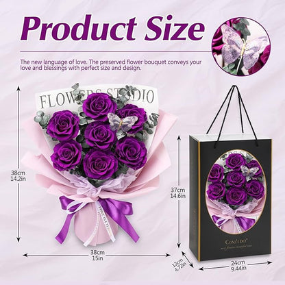 Casaido Preserved Flowers for Delivery, 7 Purple Roses Bouquet, Birthday Gifts for Women, Christmas Rose Gifts for Mom Wife Girlfriend, Forever Real Flowers for Valentines Day Anniversary