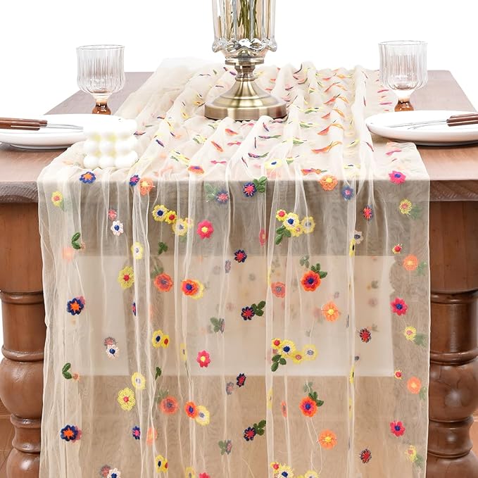 Joanlody Champagne Embroidery Daisy Christmas Table Runner 10ft Florals Seasonal Tulle Table Runner Holiday Kitchen Dining Table Decoration for Home Party Indoor