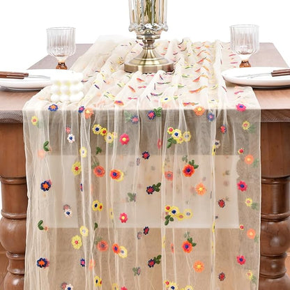 Joanlody 3pcs Champagne Embroidery Daisy Christmas Table Runner 10ft Florals Seasonal Tulle Table Runner Holiday Kitchen Dining Table Decoration for Home Party Indoor