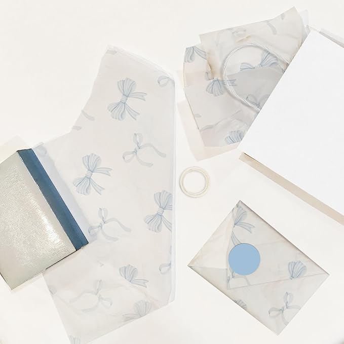 Pro Supply Global Blue Bows Printed Tissue Paper for Gift Bags or Boxes and Wrapping - Bulk Decorative Art Tissue Paper for Packaging and Gifting | 24 Sheets 20" x 30"