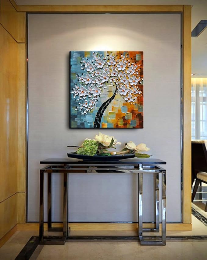 YaSheng Art - hand-painted Oil Painting On Canvas white Flowers Paintings Modern Home Interior Decor Abstract Art picture Ready to hang 24x24inch