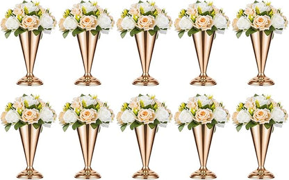 10 Pcs Tabletop Metal Wedding Flower Trumpet Vase, 9.8 inch Table Decorative Centerpiece Artificial Flower Arrangements for Anniversary Ceremony Party Birthday Event Aisle Home Decoration, Gold