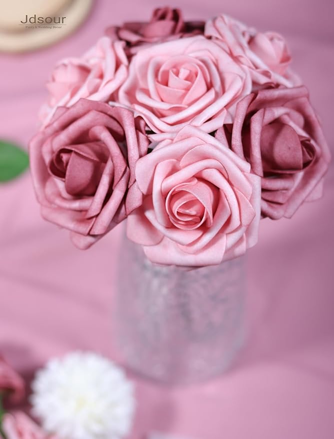 50pcs Artificial Flower，Real Touch Foam Roses w/Stem DIY for Wedding Bouquet Centerpieces Party Shower Home Decor-Shabby Rose Pink