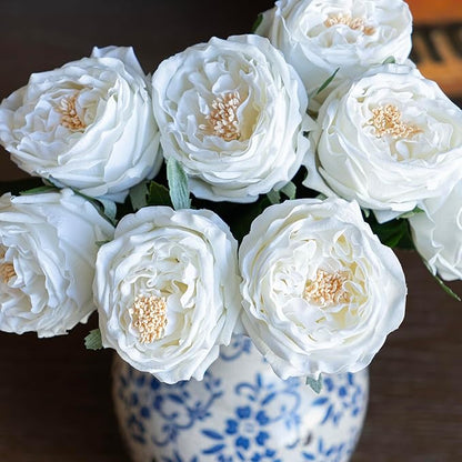 DUYONE White 4pcs Fake Flowers for Decoration Home Decor Real Touch Artificial Flowers Austin Rose Peony Latex Fake Flower Living Room Decoration Vivid Pink Roses Peonies(White 4pcs)