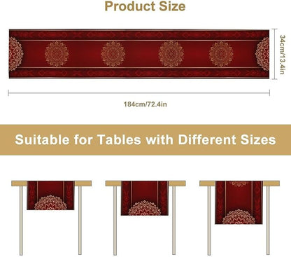Luxurious Bohemian Table Runner, Red Gold Mandala Floral Boho Decor Table Runner for Kitchen Dining Festive Holiday Party Wedding Gathering, 13x90 Inch