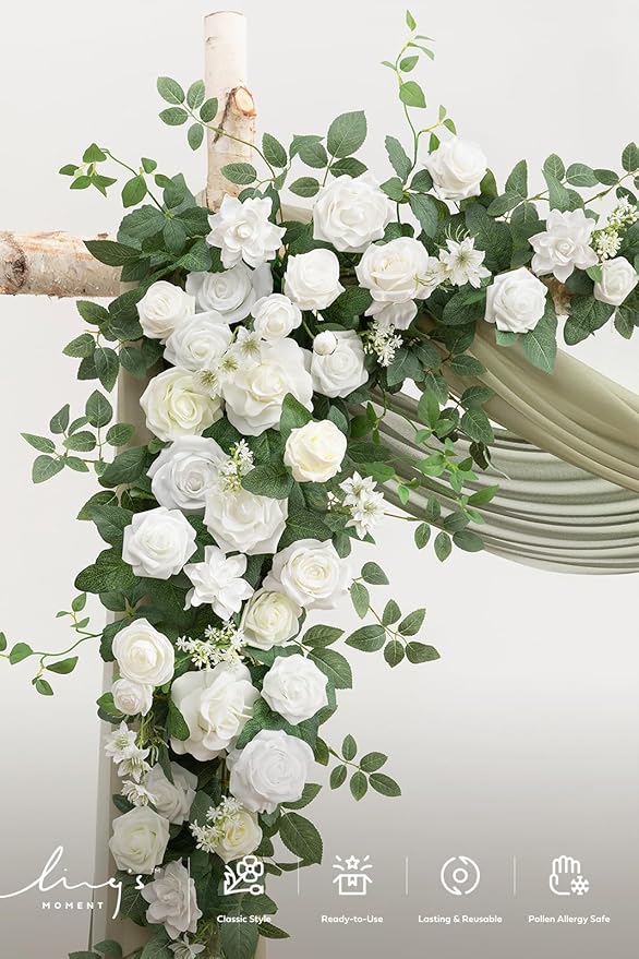Ling's moment Wedding Arch Flowers with Drapes Kit-Pack of 5, 2pcs Flower Arrangements 3pcs Sheer Hanging Drapes Ceremony Arbor Backdrop Artificial Rose Floral Decor, White & Sage