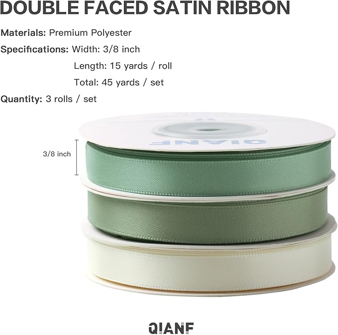 Sage Green Double Face Satin Ribbon 3/8 Inch x 45 Yards Moss Green Cream Fabric Ribbon for Gift Wrapping, Flower Bouquets, Bows Making, Wedding Decoration, Invitations, Christmas (3 Rolls *15Yd)