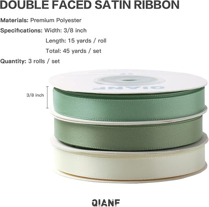Sage Green Double Face Satin Ribbon 3/8 Inch x 45 Yards Moss Green Cream Fabric Ribbon for Gift Wrapping, Flower Bouquets, Bows Making, Wedding Decoration, Invitations, Christmas (3 Rolls *15Yd)
