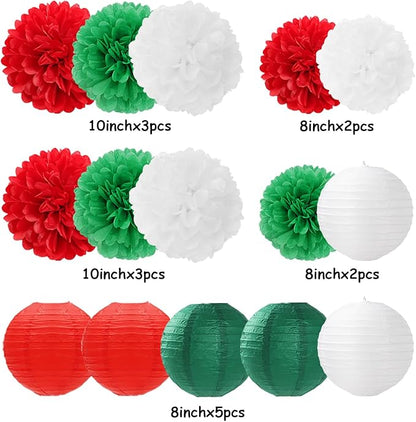 Red-Green White Party-Decorations Christmas Flowers Lanterns - 15PCS Italian Mexican Independence Day Paper Tissue Pom Poms Streamers,Mexico Italy Birthday Baby Shower Wedding Hanging Decor Hugfond