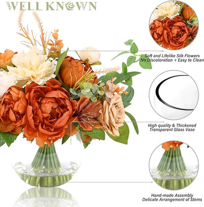 Artificial Flowers in Vase, WELL KNOWN Silk Rose Peony Flower Bouquet Table Centerpieces with Faux Water for Fall Home, Fake Flower Arrangement for Seasonal Party Decor (Burnt Orange & Champagne Plus)