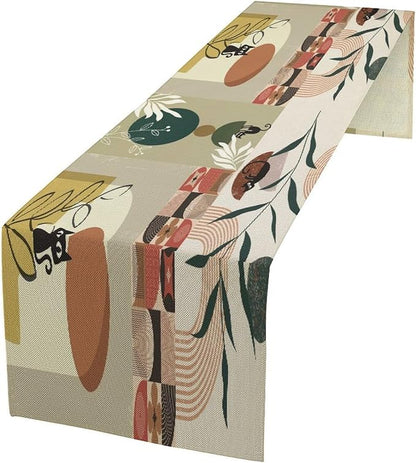 Mid Century Table Runner,Abstract Boho Plant Leaf Botanical Cat Modern Geometric Pattern Print Burlap for Hotel Indoors Outdoor Dining Room Kitchen Home Decor, 13x90in