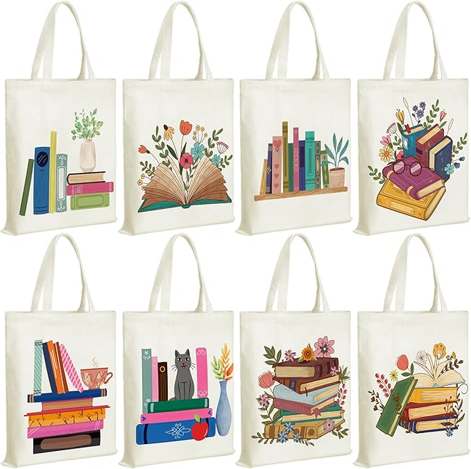 Sweetude 8 Pcs Christmas Book Lovers Club Gifts Bulk Canvas Tote Bags Bookish Librarian Reader Gift for Women Teacher Present(Book)