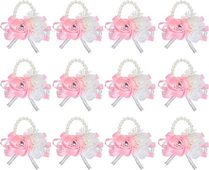 MECCANIXITY 12Pcs Wrist Corsage Artificial Flower Bracelets Rose Wrist Bride Groom Decorative for Wedding Ceremony Prom Party Anniversary Pink