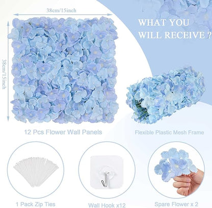 Blue Flower Wall Panels Backdrop: Wedding Artificial Flower Wall Backdrop 3.75ft by 5ft Hydrangea Floral Wall for Anniversary Graduation Party Decoration (12 Pcs 15 x 15 Inch)