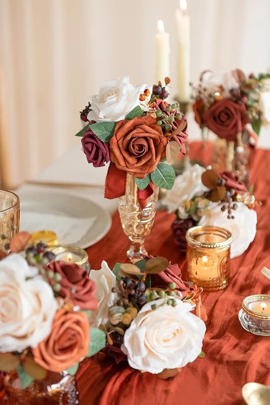 Ling's moment Fall Artificial Flowers 25Pcs Burnt Orange Roses Decor w/Stems,3" Real Touch DIY Foam Floral for Wedding Bouquet/Centerpieces, Outdoors Party Backdrop, Room/Table, and Garden/Pot Decor