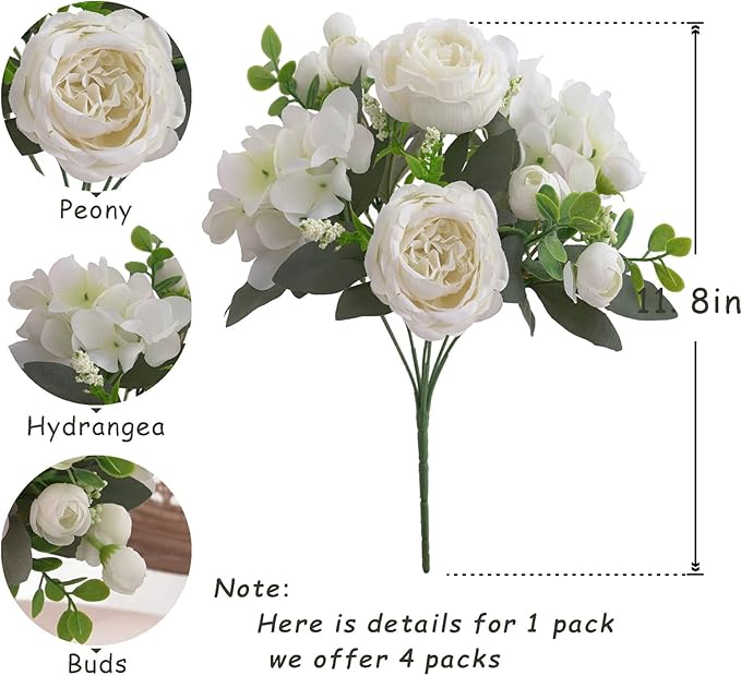 4 Bunches White Peonies Artificial Flowers for Decoration Faux Roses Fake Bouquet Arrangements Plastic Table Centerpiece Silk Flores for Vase Party Wedding Home Décor (White)