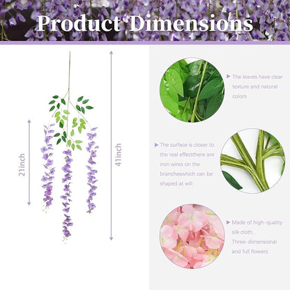 36 Pack Light Purple Wisteria Hanging Flowers, 3.44 Ft Fake Hanging Flowers, Artificial Wisteria Garland Vines for Wedding Room Backdrop Outdoor Patio Garden Decoration