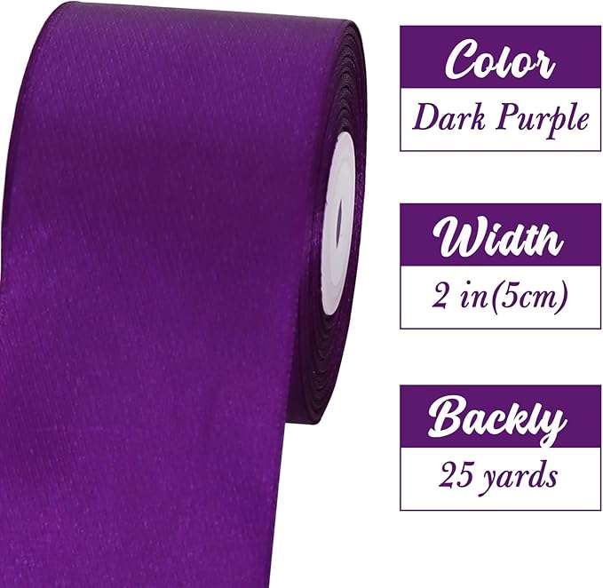 TONIFUL 2 in x 25 Yds Wide Dark Purple Satin Ribbon Solid Fabric Ribbons Roll for Crafts Chair Sash Valentine's Day Gift Wrapping Invitation Cards Floral Hair Bows Sewing Party Wedding Car Decoration
