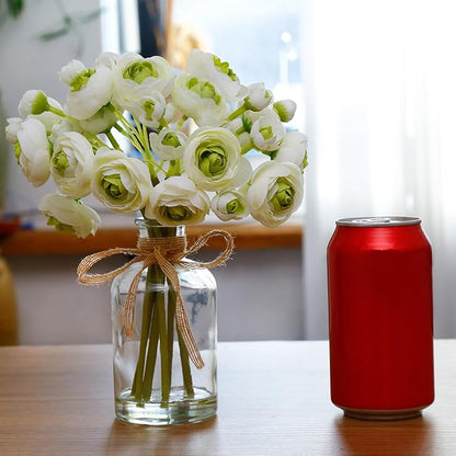 Ranunculus Artificial Flowers with Vase, 8 Pcs Faux Silk Ranunculus Flower in Vase, Small Flower Arrangements for Home Decor Indoor, Table Centerpiece. (Green)
