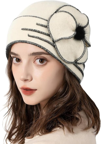 Sumolux Beanie Hats for Women Wool Skull Cap Beret Floral Cuffed French Vintage Dress Cloche Classic Winter 1920s