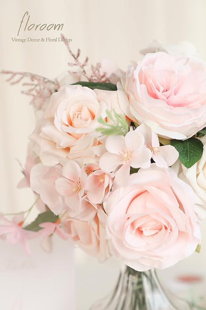 Floroom Cream Blush Artificial Flowers Fake Roses Peonies and Greenery Combo Box Set for DIY Pink Wedding Bouquets Bridal Shower Centerpieces Floral Arrangements Party Tables Home Decorations