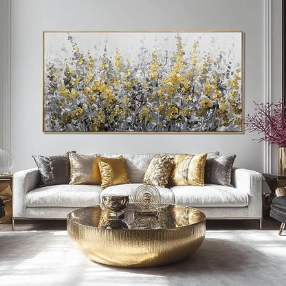 Framed Golden Floral Canvas Wall Art Large 29x58 Inch Grey and Gold Abstract Painting Textured Modern Flower Artwork for Above Couch Living Room Bedroom Home Decor