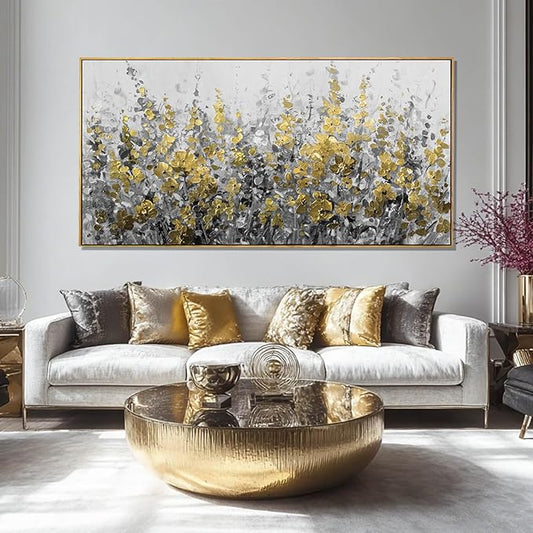 Framed Golden Floral Canvas Wall Art Large 29x58 Inch Grey and Gold Abstract Painting Textured Modern Flower Artwork for Above Couch Living Room Bedroom Home Decor