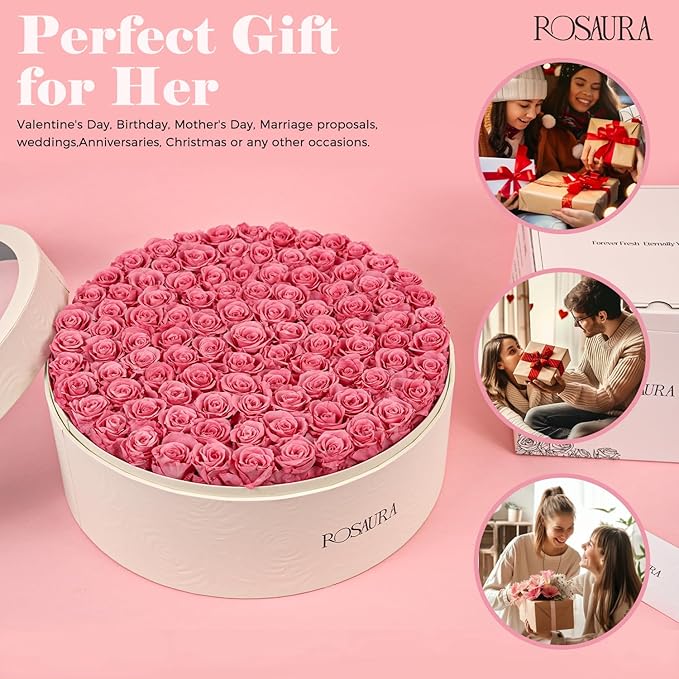 Rosaura Round Preserved Roses Gift Box - Real Forever Flowers for Birthday, Valentine's & Mother's Day (Pink, 100 Roses)