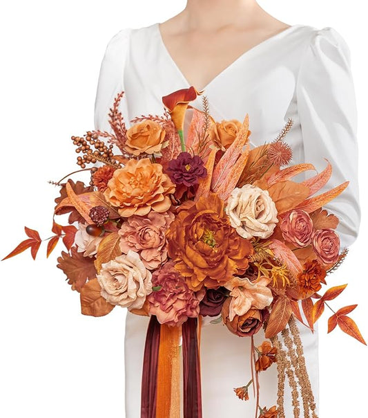 TINGE TIME 13 inch Maple Red Wedding Bouquets for Bride, Bridal Bouquet for Bride, Artificial Silk Rose for Graduation Bouquet, Fake Flowers for Fall Wedding Ceremony and Anniversary