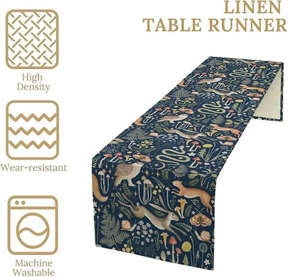 Fairy Forest Table Runner, Rustic Retro Woodland Wildlife Owl Squirrel Flowers Mushroom Seasonal Holiday Kitchen Dining Coffee Table Decoration For Home Indoor Outdoor Party Wedding, 13x70inch