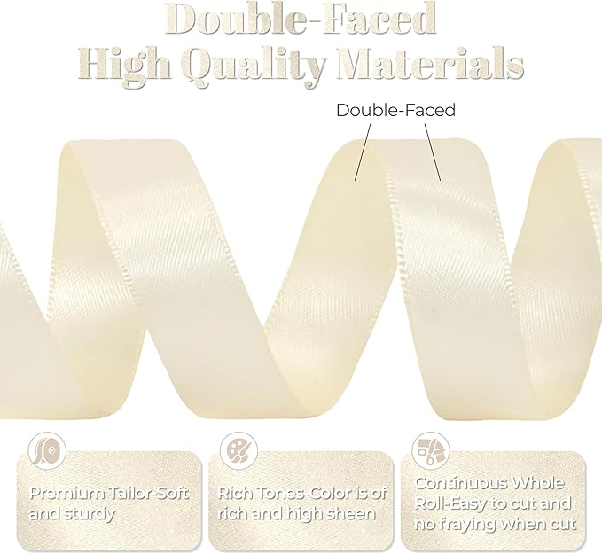 Cream Satin Ribbon, Double Faced 7/8 Inch X 50 Yards Cream Ribbon, Premium Satin Ribbon for Gift Wrapping, Crafts, Hair Bow Making, Sewing, Flower Bouquet, Wedding Party Decor