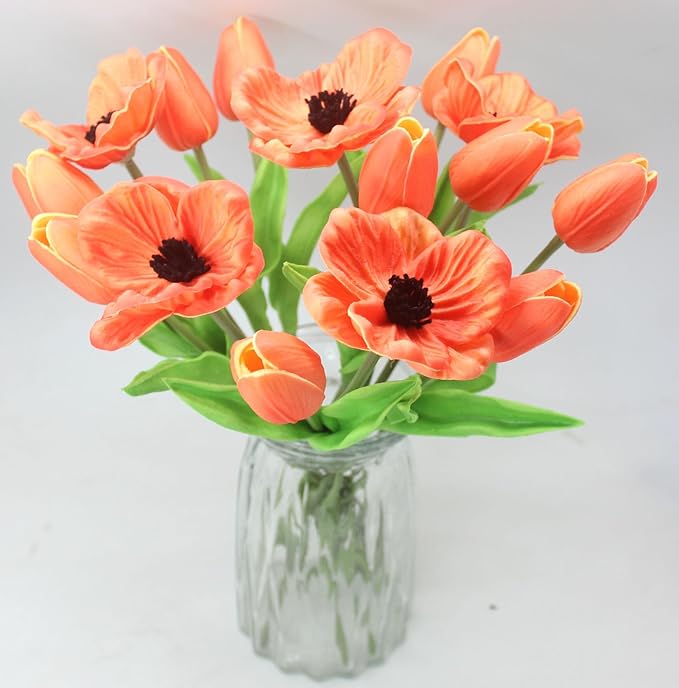 Artificial Flowers 10 Heads Mini Real Touch Artificial Tulip for Home Wedding Party Centerpiece Decoration (Gradient Orange)