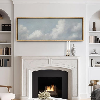 SIGNFORD Large Framed Canvas Print Wall Art Blue Sky with Fluffy Clouds Tranquil Minimal Sky Scene Illustrations Modern Art Relax/Calm Warm for Living Room, Bedroom, Office - 60"x20"