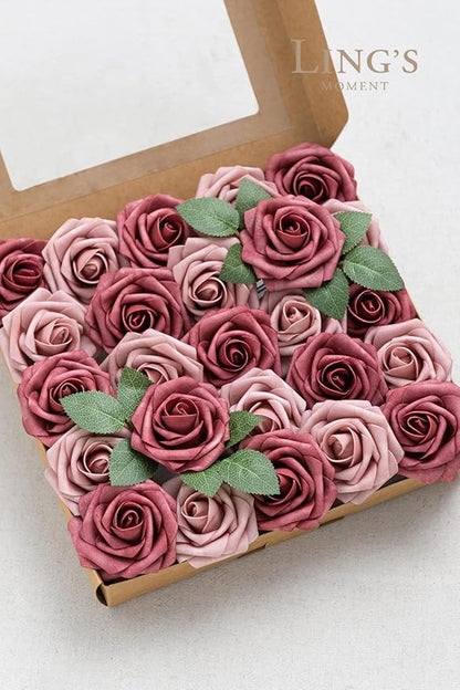 Ling's moment Artificial Flowers 25Pcs Torrid Blush Roses Decor w/Stems,3" Real Touch DIY Foam Floral for Wedding Bouquet/Centerpieces, Outdoors Party Backdrop, Room/Table, and Garden/Pot Decorations