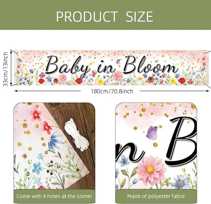Pink Coral Baby in Bloom Baby Shower Banner, Floral Watercolor Floral Design, Party Decoration, 180x33 cm
