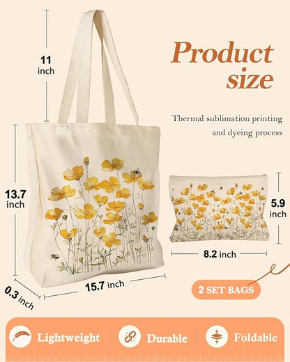 Aesthetic 2 Pack Canvas Tote Bag - with Makeup Zipper Pouch for Women Bag for Shopping, Gym, Travel, Vacation